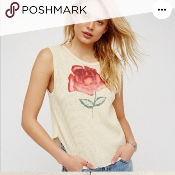 FREE PEOPLE M waffle Top Tank Large Rose Floral - Picture 1 of 8